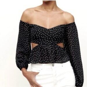 Reformation Black and White Polka Dot Off-Shoulder Blouse